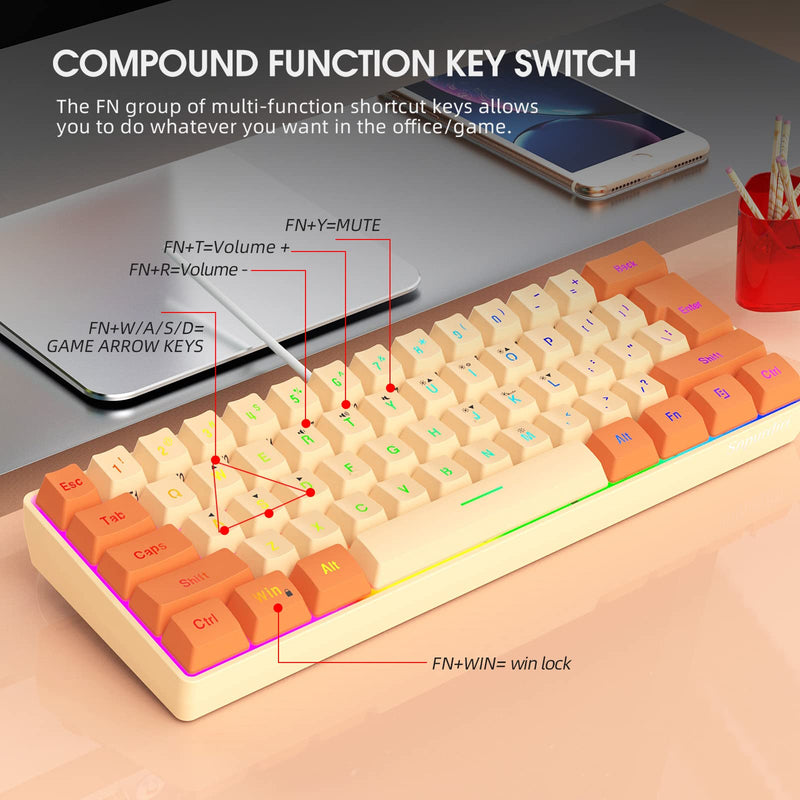 Snpurdiri 60% Wired Gaming Keyboard, RGB Backlit Ultra-Compact Mini Keyboard, Waterproof Mini Compact 61 Keys Keyboard for PC/Mac Gamer, Typist, Travel (Orange and Cream) Orange and Cream