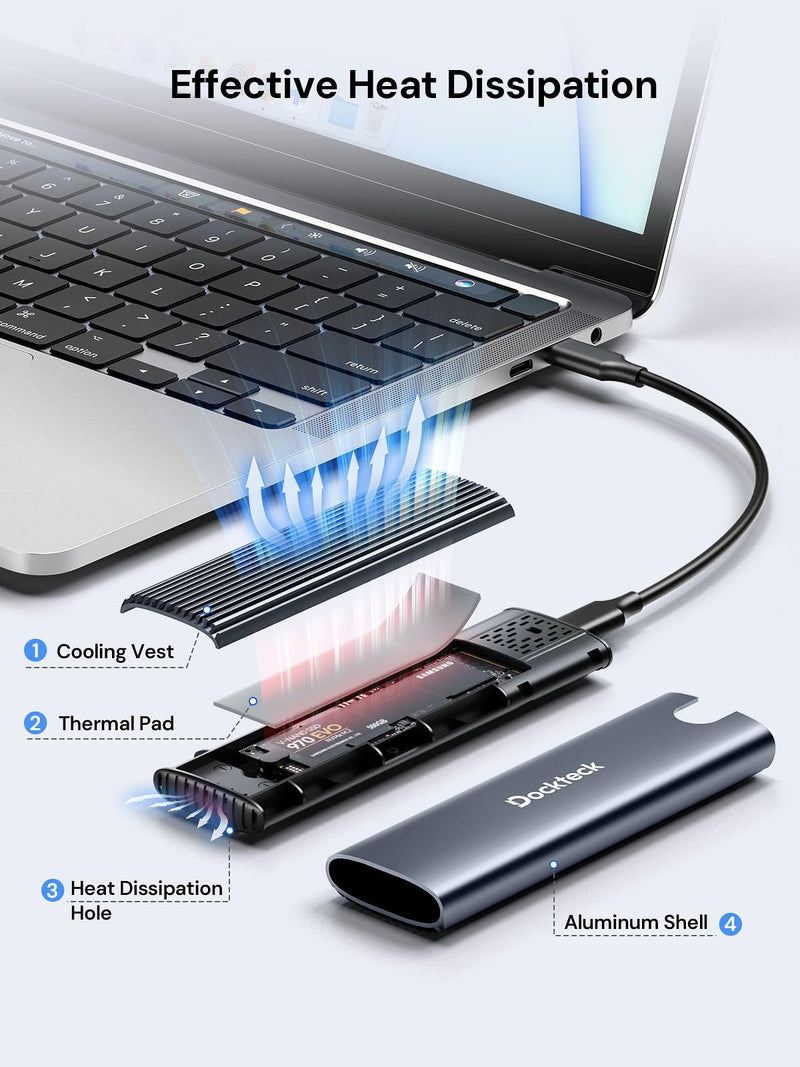 M.2 NVMe SATA SSD Enclosure, dockteck Tool-Free 10Gbps USB 3.2 Gen 2 NVMe to USB Adapter Case for SSDs 2230/2242/2260/2280, External SSD Reader Supports M-Key/B+M Key and UASP