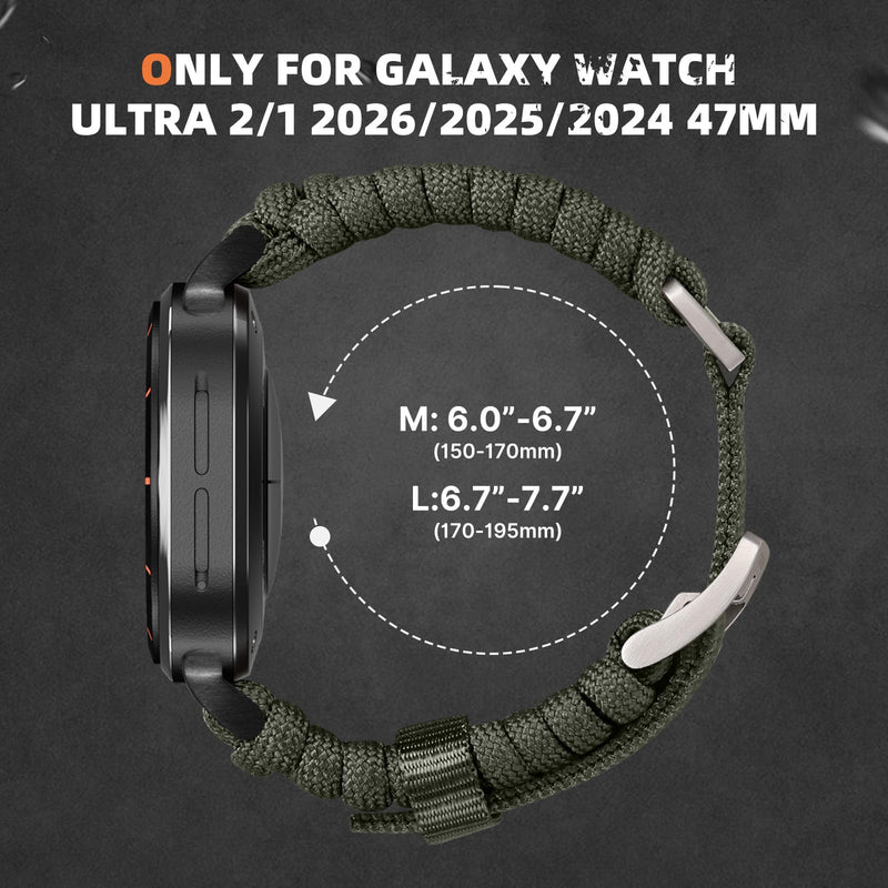 Bandletic Paracord Bands Compatible with Samsung Galaxy Watch Ultra | Rugged Handmade Woven Braided Tactical Military Survival Nylon, For Galaxy Watch Ultra 3 2 1 2026 2025 2024 47mm Titanium Buckle-Army Green Large (6.7"-7.7")