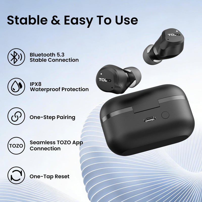 TOZO NC9 Hybrid Active Noise Cancelling Wireless Earbuds, 60H, LED Display | 6 Mic ENC Clear Calls, Deep Bass Sound, IPX8, in Ear Bluetooth 5.3 Headphones,32 EQs via APP, Comfort Fit Ear Buds, Black Dark Black