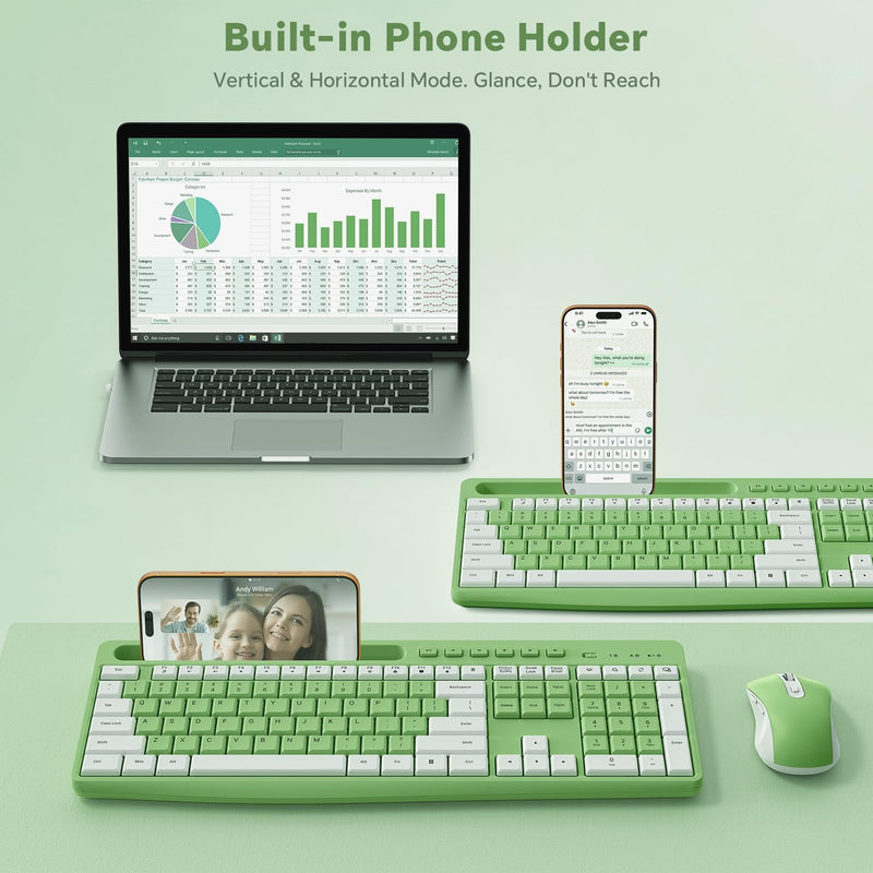 Green Wireless Keyboard and Mouse Combo with Phone Holder, 2.4G Quiet Keys | Silent Keyboard, 3-Level DPI Quiet Mouse, 12 Hotkeys, Full Size, Ergonomic for Office/Home/Work, For Windows PC Laptop, WK210 Green