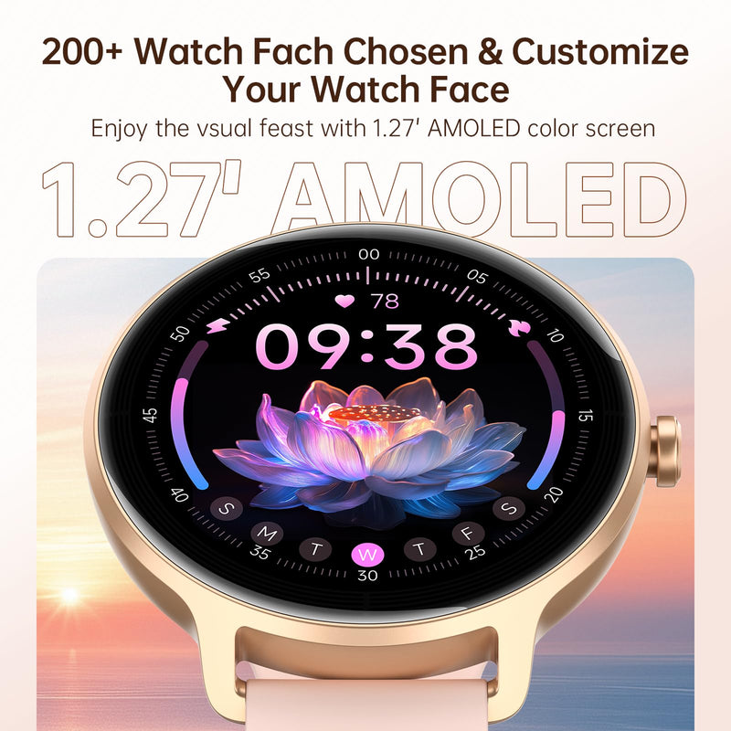 Smart Watch for Women, 1.27" HD AMOLED Smartwatch (Answer/Call) for iPhone/Android/Samsung, Fitness Tracker with 120+ Sport Modes, Heart Rate/Sleep/Health Monitor, IP68 Waterproof, 2 Bands Rose Gold