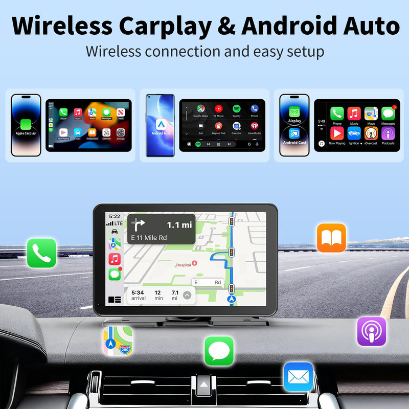 CarPlay Screen for Car, 9'' Wireless CarPlay & Android Auto - Smart Portable Touchscreen with Bluetooth/FM, Mirror Link, Voice Control, GPS Navigation, Plug & Play Car Play Screen, Silver