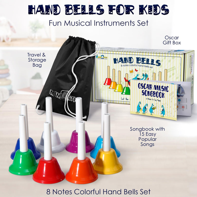 [AUSTRALIA] - MINIARTIS Hand Bells for Kids | Educational Music Toys for Toddlers 8 Notes Colorful Handbells Set | Kids Musical Instrument with 15 Songbook | Great Birthday Gift for Children 