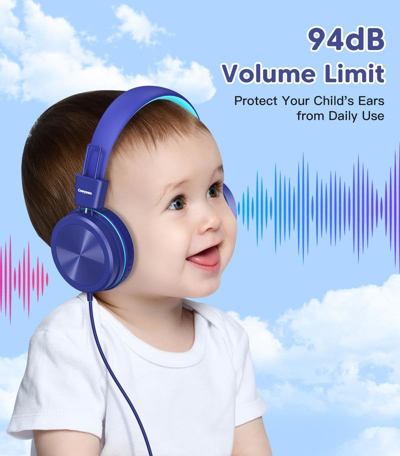 [AUSTRALIA] - Kids Headphones, Toddler Headphones with Safe Volume Limiter 94dB, Wired School Headphones for Kid, 3.5mm Adjustable On-Ear Headphones for Boys/Girls/Children/Teens/iPad/Computer, Dark Blue Plug 3.5mm 