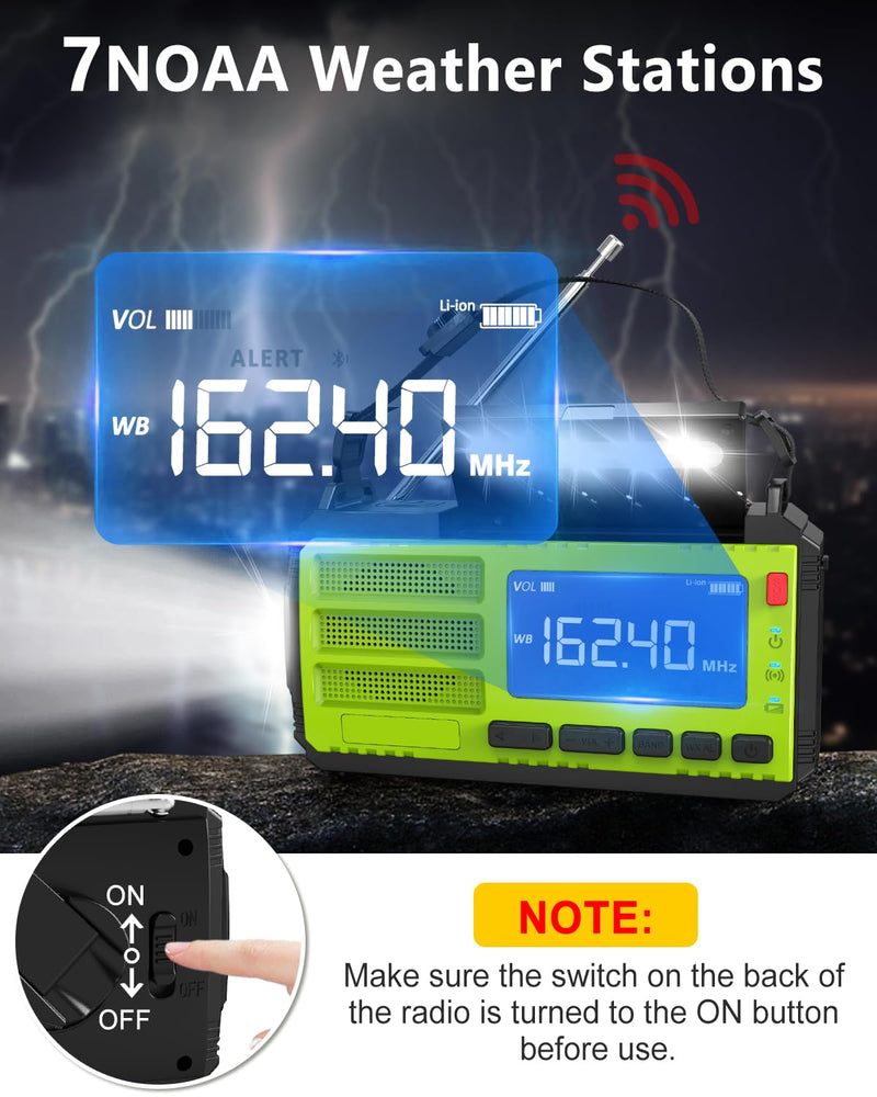 37000mWh Hand Crank Emergency Radio, AM FM NOAA Weather Alert Radio, Portable Solar Radio, 4 Charging Methods, 3-Mode Flashlight, Reading Lamp, SOS Alarm, Phone Charger for Winter Storm Emergency Green