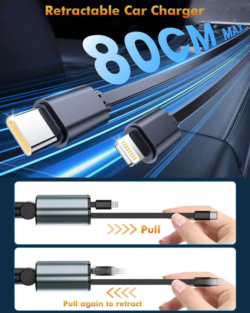 Retractable Car Charger,66W 4 in 1 iPhone 16 15 Car Charger iPhone Adapter | with 2 Retractable iPhone Charger Cables(USB C+Lightning),2 USB Ports(USB C+USB A) for iPhone 17 16 15 14 13 12 11 Pro Max XS USB A & USB C Black