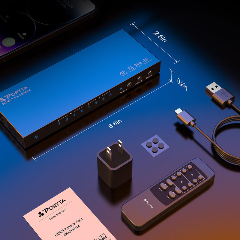4K 60Hz HDMI Matrix 4x2, PORTTA 4 in 2 Out Switch Splitter with Toslink 3.5mm Audio Extractor, ARC, 16 EDID Modes, 4K Downscale, and IR Remote Support HDMI 2.0b HDCP 2.3/2.2 HDR 3D HDMI Matrix 4x2 with Audio Extractor