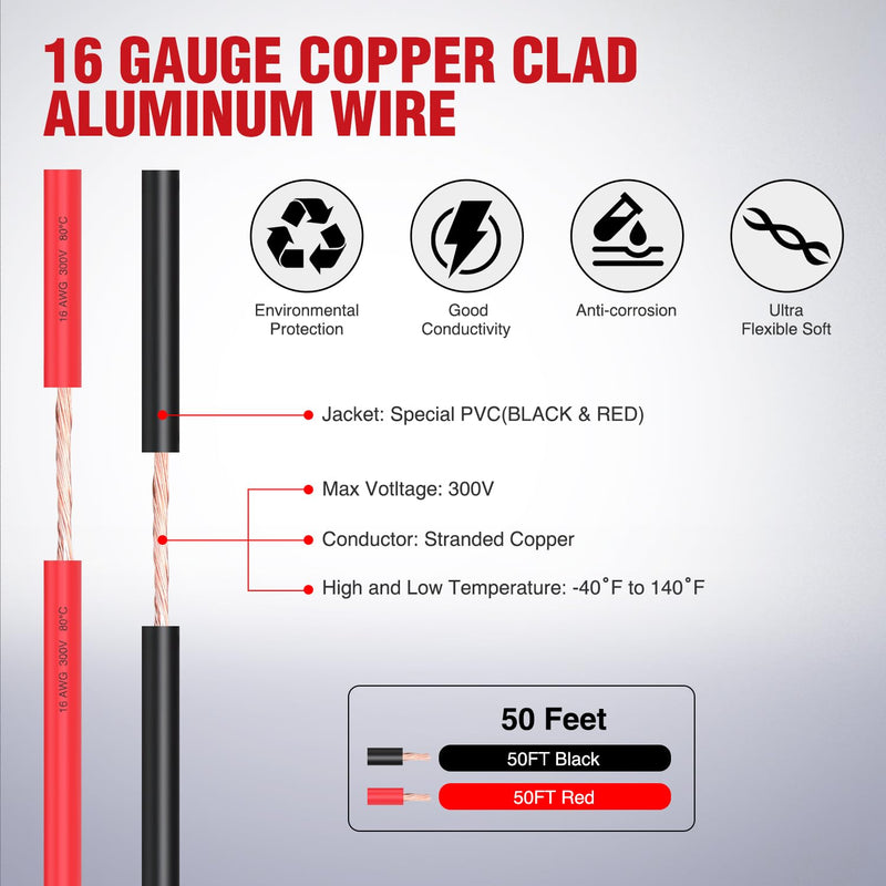 Nilight 50FT 16AWG Copper Clad Aluminum Wire 16/2 Gauge Red Black CCA Electrical Cable 2 Conductor Parallel 12V/24V DC Flexible Extension Cords for Car Audio Radio Speaker Amplifier, 2 Years Warranty 16AWG-50FT