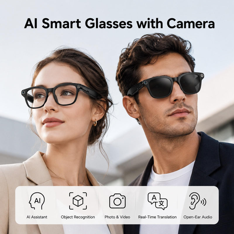 AI Smart Glasses with Camera,Photo Capture &4k Video Recording Glasses,Real-Time Translation, Open-Ear Audio, Object Recognition, Camera Sunglasses AI Assistantfor Vlogging, Travel, Business
