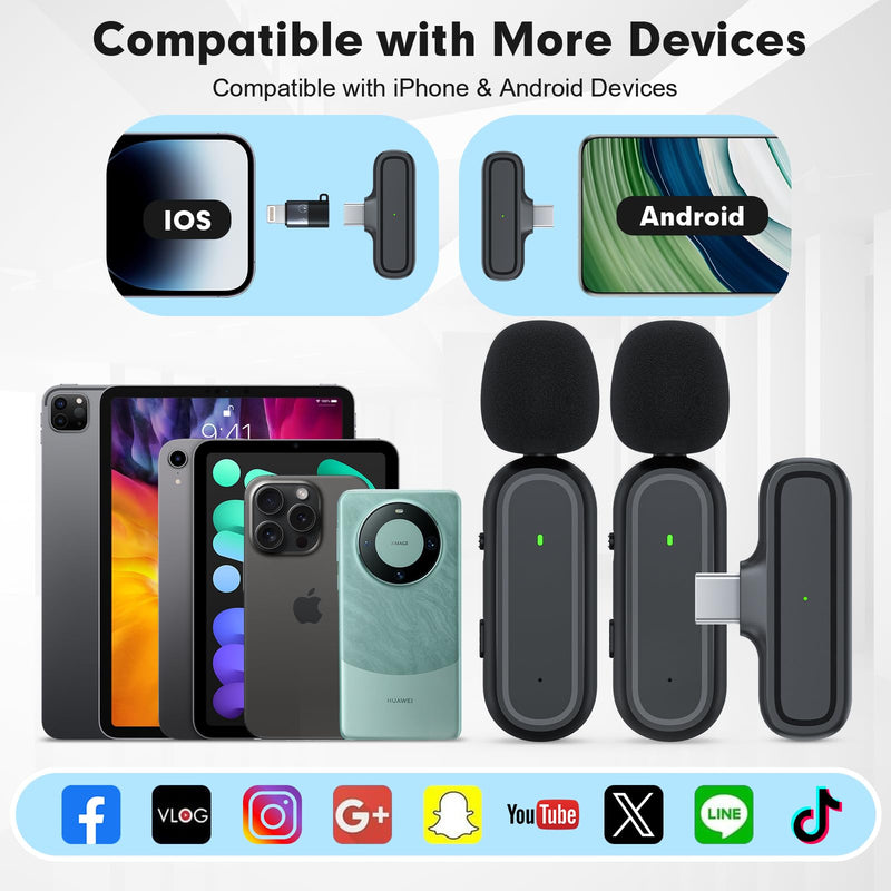 [AUSTRALIA] - 2-Pack Wireless Lavalier Microphone for iPhone Android - Plug and Play Noise Reduction Clip-on Mic with Charging Case, for Vlogging YouTube Live Streaming Zoom Meetings Video Recording Youtuber Oval Case Dark Black 