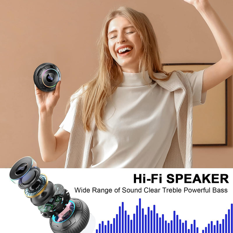 Hupoaf Bluetooth Shower Speaker, Bluetooth Speaker 5.3, 6D Sound, Portable Speaker with Suction Cup/Hook, IPX7 Waterproof, with LED Light/Time Display, for Outdoor/Party/Bathroom//Kayak/Gift Black