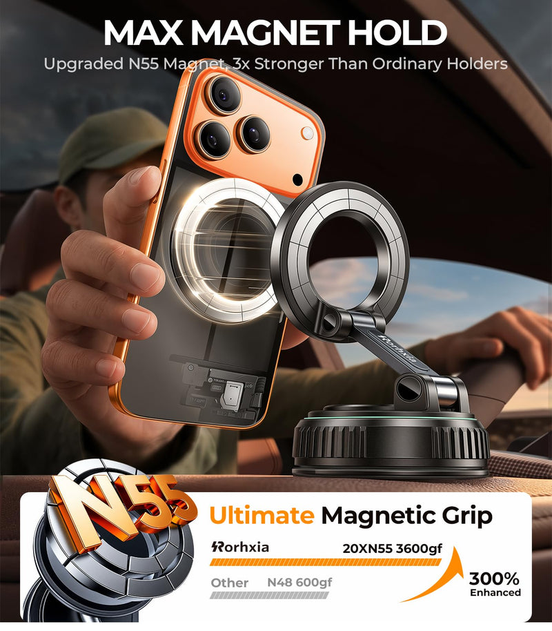 Rorhxia Car Phone Holder for Magsafe, [Enjoy Convenience, Flexibility, Stability], Foldable Vacuum Magnetic Phone Mount for Dashboard Windshield for Your Car Fit iPhone 17/16/15/14/13/12 Pro Max Dashboard/Windshield