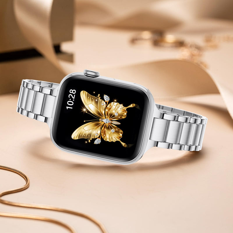 Slim Apple Watch Leather Band and Stainless Steel Metal Band for iWatch 38mm, 40mm, and 41mm，Black Silver+Metal Silver