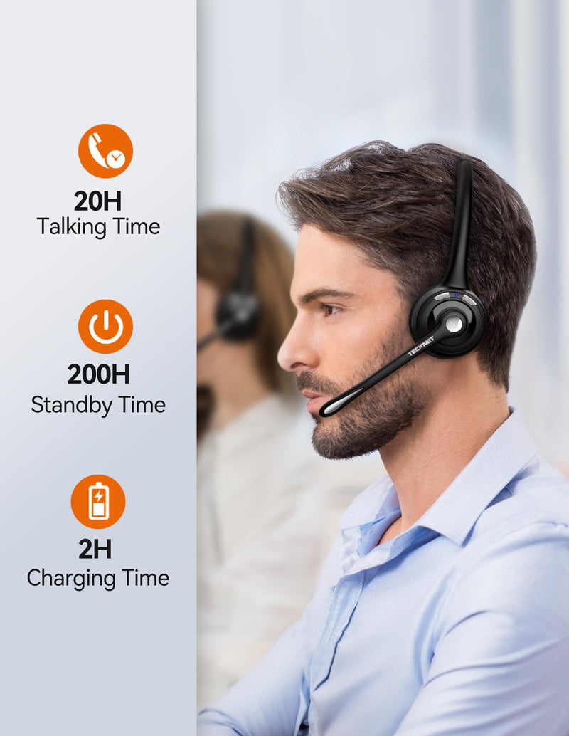 TECKNET Bluetooth Headset, Wireless Headset with Noise Canceling Microphone for Trucker, On-Ear Bluetooth Headphone with Mute Mic for Work Black & White