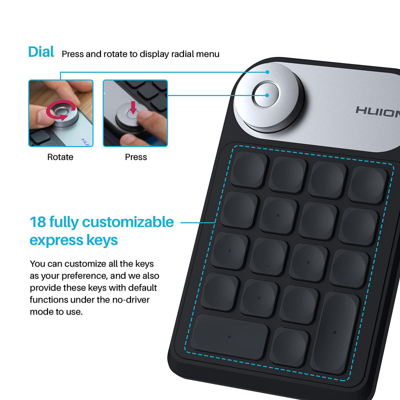 HUION Mini KeyDial KD100 Wireless Express Key Remote Control Shortcut Keyboard with Dial 18 Customized Express Keys for Graphics Drawing Tablet, PC, Mac, Laptop, Surface Pro