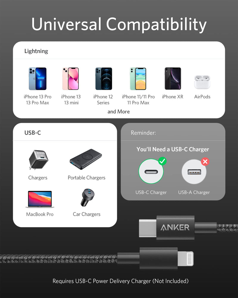 Anker New Nylon USB-C to Lightning Charging Cord for [3.3ft MFi Certified] for iPhone 13 13 Pro 12 Pro Max 12 11 X XS XR 8 Plus, AirPods Pro, Supports Power Delivery (Black) (Pack of 2) 3.3 feet (Pack of 2) Black
