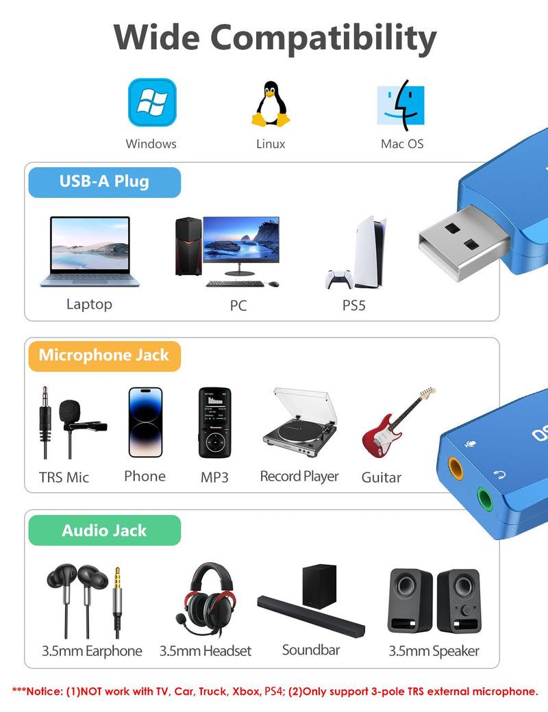 MillSO External USB Sound Card with Internal Recording Function, Portable USB to 3.5mm Audio Jack Adapter for PC, Computer, Recording, Training, Streaming, Podcasting - Blue