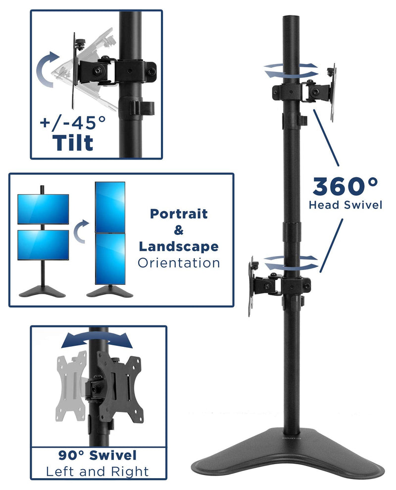 Mount-It! Vertical Dual Monitor Stand, Freestanding Stacked Monitor Mount for 2 Screens 17–32", Height Adjustable, Tilt Swivel Rotate, Portrait or Landscape, Holds 17.6 lbs per Arm, No Desk Clamp Needed