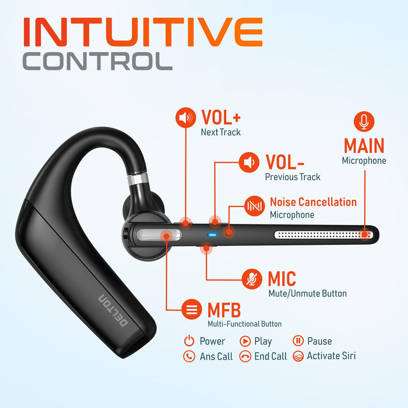 Delton Ultralight Bluetooth Headset with Noise Cancelling Microphone | Bluetooth Earpiece with Carrying Case, Wireless Headset for PC/Laptop, Compatible with MS Teams, Zoom and More - Black