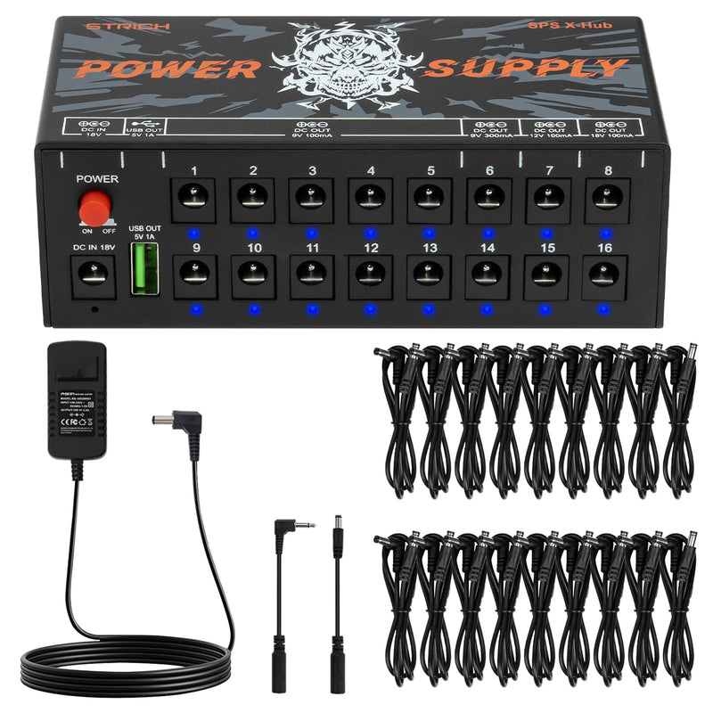 [AUSTRALIA] - STRICH SPS X-Hub Guitar Pedal Power Supply for 9V/12V/18V, 100mA - 300mA Effects Pedals, 16 Independent Outputs, Short-circuit protection and noiseless, 5V 1A USB Port Supports Mobile Devices, Tablets 