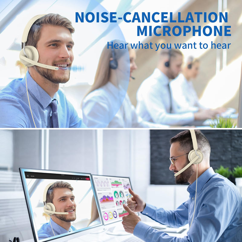 awatrue USB Headset with Microphone for PC, Computer Headset with Noise Canceling Microphone for PC Laptop, in Line Mute Controls, Wired Headset for Work from Home/Office/Call Center/Teams/Zoom Apricot