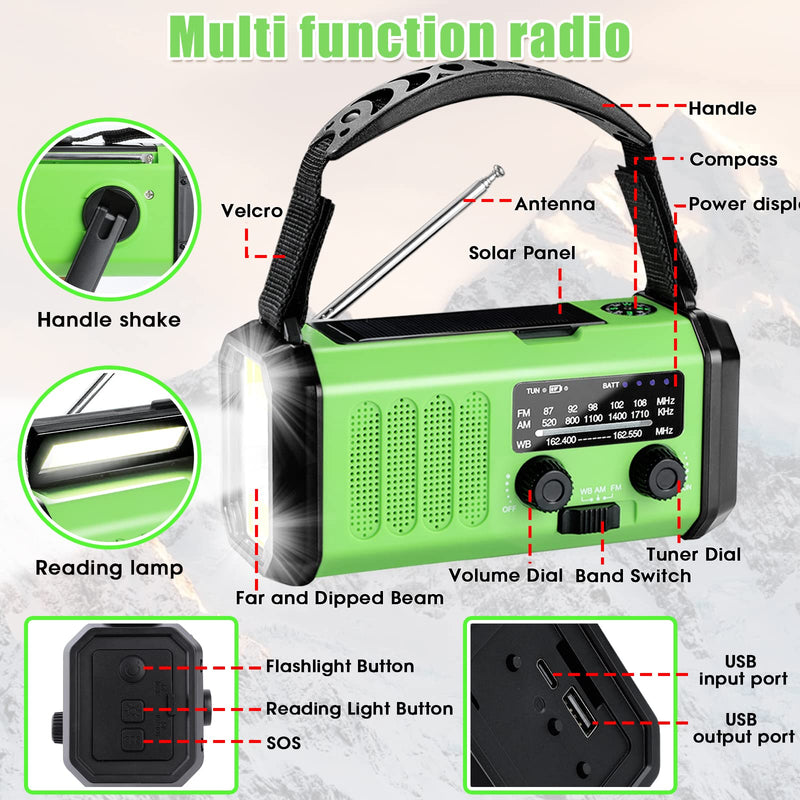 10000mAh Emergency Radio, Crank Radio, Solar Radio, NOAA/AM/FM Weather Radio, Type-C Charging Portable Radio, 3 Mode Flashlight, 5W 700LM Reading Lamp, SOS, Compass for Camping grass green