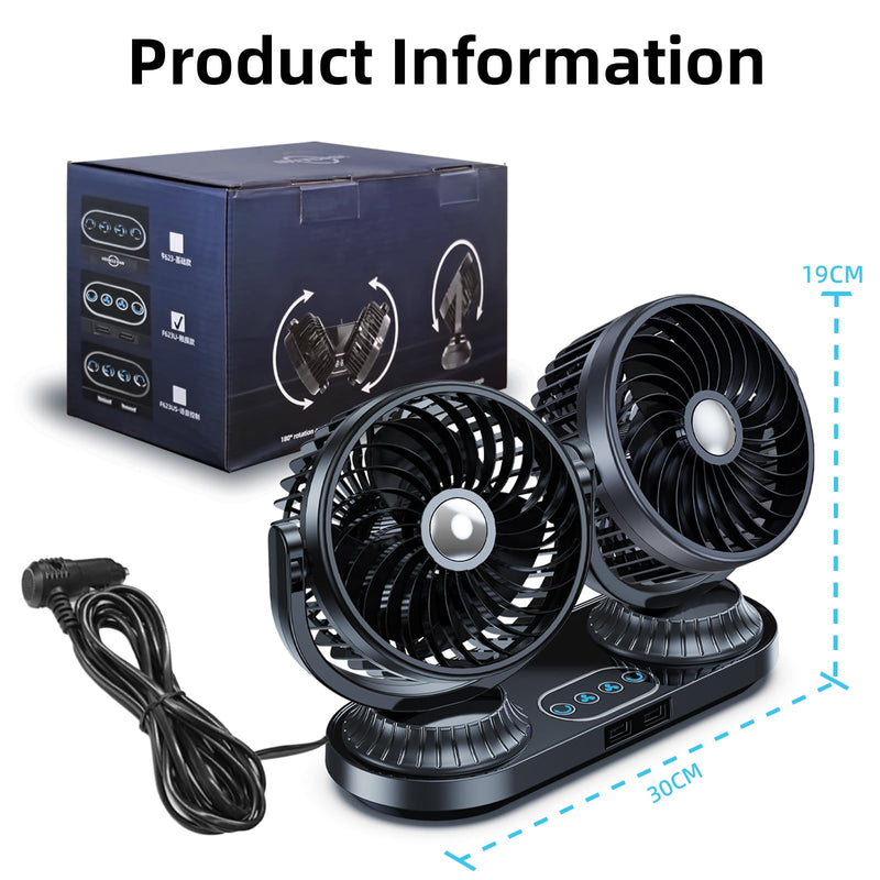 Dual Head Car Fan 12v 24 Volt Universal,270°Oscillating Cigarette Lighter Powered Cooling Fan for Vehicles [with 2 USB Charging Ports],360°Rotating Car Fans that Blow Cold Air for SUV Trucks