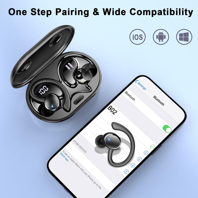 Wireless Earbuds, Bluetooth 5.4 Headphones, 75H Deep Bass Sound, Earhook | Sport, Over Ear Buds, 4 ENC Noise Cancelling Mic, Dual LED Display, IP7 Waterproof Earphones, Workout, Running, Gym Jet-Black