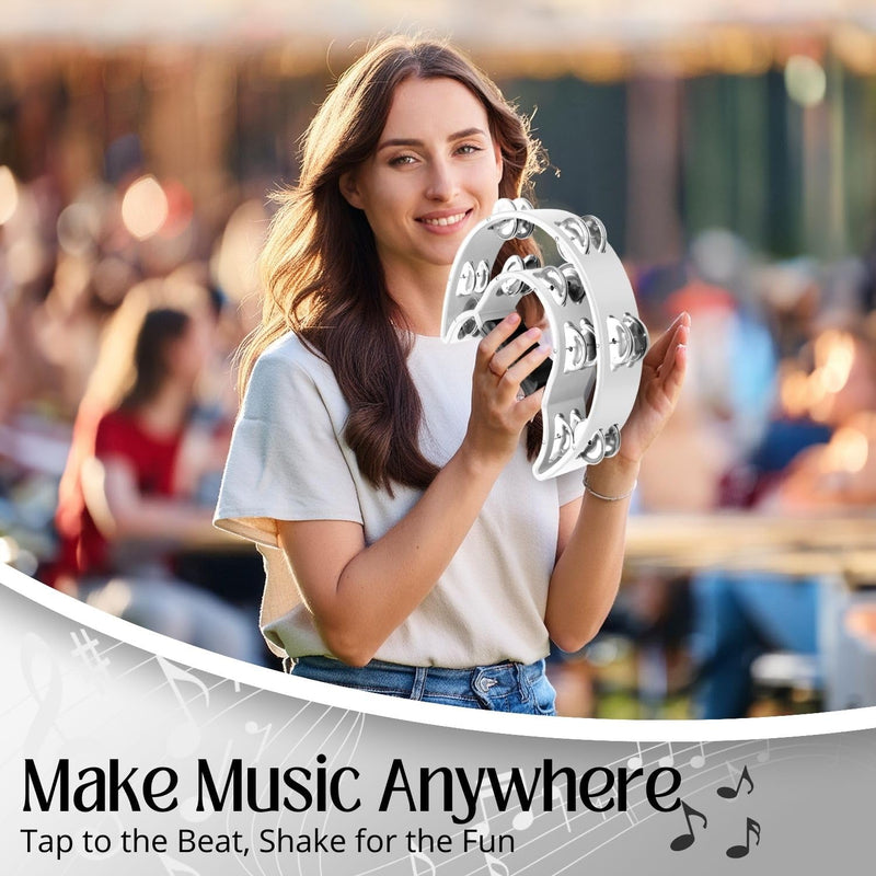 [AUSTRALIA] - Flexzion Tambourine Metal Half Moon Musical Instruments Double Row Metal Jingles Hand Held Instruments Percussion with Ergonomic Handle Grip, Tambourines for Adults, 2 Packs - White 