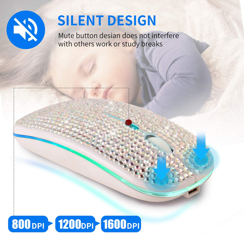 Bling Dazzling Rechargeable 2.4GHz+5.2 Bluetooth Wireless Mouse Covered with Crystal Diamond Rhinestone,RGB Backlit,Great Gift idea for Her (Silver) Silver