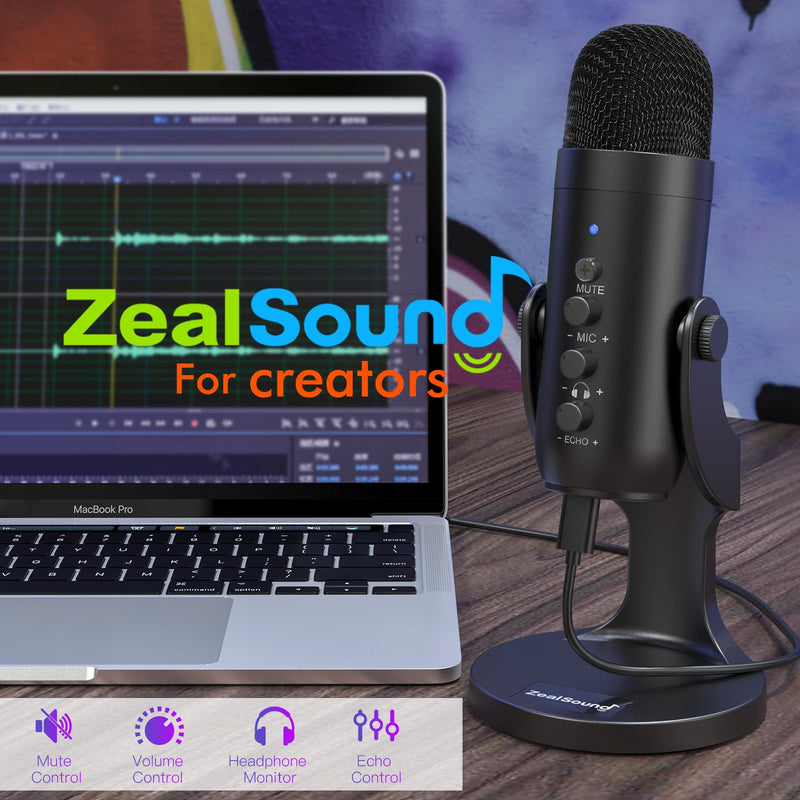 ZealSound USB Microphone,Condenser Computer PC Mic,Plug&Play Gaming Microphones for PS 4&5.Headphone Output&Volume Control,Mic Gain Control,Mute Button Vocal,YouTube Podcast on Mac&Windows(Black) Black
