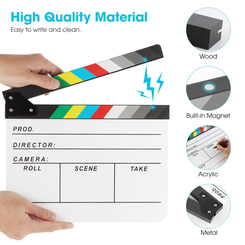 Acrylic Movie Film Directors Clapboard, Photography Video TV Cut Action Scene Slate Clapper Board Props with a Magnetic Blackboard Eraser, Two Custom Pens, Cleaning Cloth and Hex Wrench, White