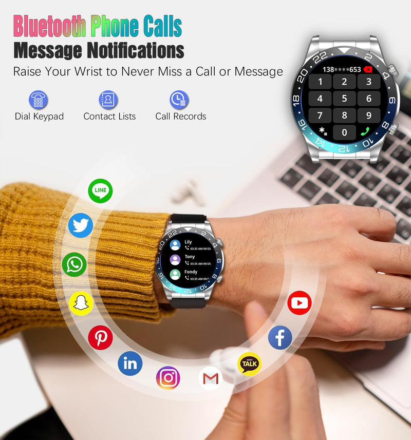 Men's Smartwatch 1.43" AMOLED Display Sports Fitness Tracker Answer&Make Calls, Heart Rate Sleep Monitor IP67 Waterproof Smart Watch for Men, Pedometer, Support Android & iOS (Black Blue) black blue