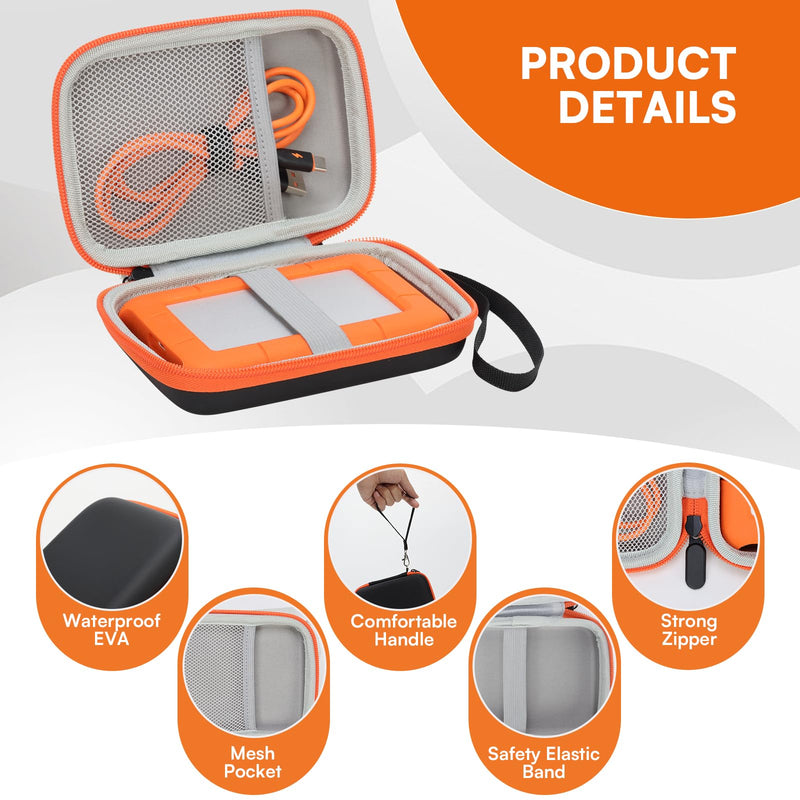 Case Compatible with LaCie Rugged Mini 1TB/ 2TB/ 4TB/ 5TB External Hard Drive Portable HDD, Carring Case Storage Holder for Hard Drives for Mac and PC Computer, Orange (Case Only)