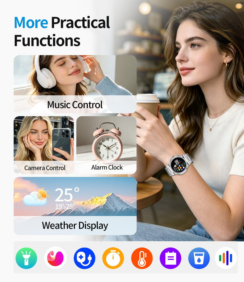 Smart Watch for Men Women, Make/Answer Calls, 1.27 Inch Full Touch Screen | 100+ Sport Modes, IP67 waterproof, health/heart rate/sleep tracking, compatible with Android & iOS, includes 2 straps. White steel belt