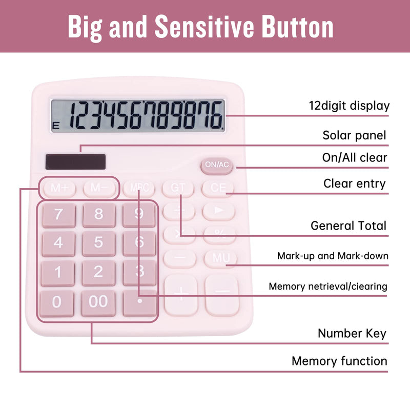 Cute Pink Desktop Calculator with Big Buttons, Dual Power Source, Solar and Battery, Large Display Screen - Perfect for Office, Teachers, and Students (Pink)