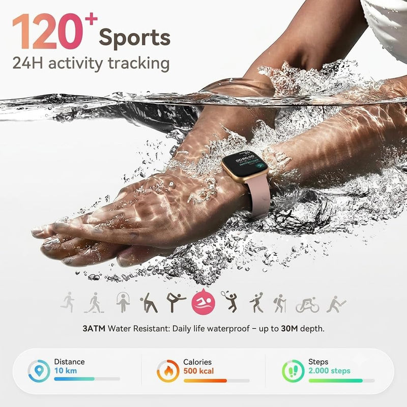 Smart Watch for Women, Answer/Make Call, 1.85" AMOLED Always-On Screen Smartwatch for iPhone & Android, 3ATM Waterproof Fitness Tracker with Heart Rate/Sleep/SpO2 Monitor, 120+ Sport Modes, 2 Bands Pink