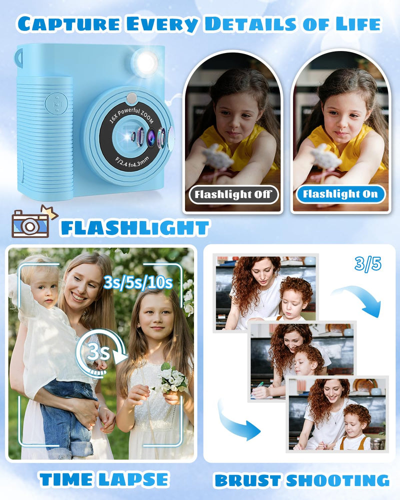 Instant Print Camera for Kids,1080P HD Digital Kids Camera with 32G SD Card,Video Camera for Toddler Christmas Birthday Gifts for 3 4 5 6 7 8 9 10 11 Years Old Girls Boys BLUE