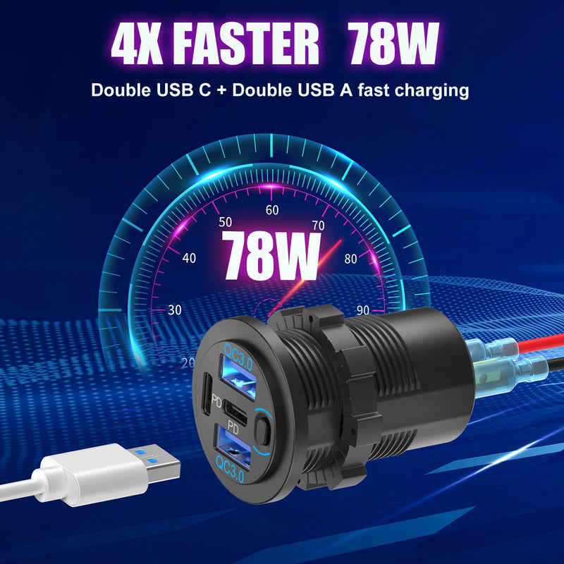 2 Pack 12V USB Outlet 4 Port Car Charger, 78W Super Fast Dual PD3.0 & QC3.0 Multiple USB Port for Car, USB C Cigarette Lighter Replacement 12 Volt Socket Waterproof for Marine Boat Motorcycle RV Golf pack of two