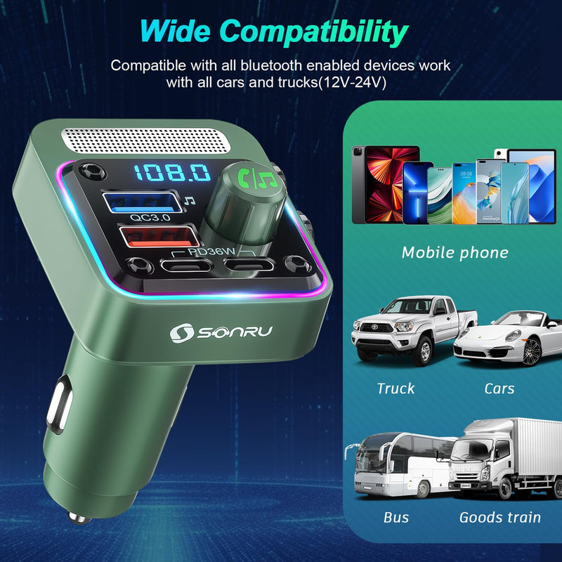 [AUSTRALIA] - Bluetooth 5.3 FM Transmitter Car Adapter - SONRU Car Charger 54W [PD 36W & QC3.0 18W], Wireless FM Radio Transmitter [HiFi Treble & Bass Player], 5 Colors LED Backlit, Hands-Free Calling, U-Disk Green 