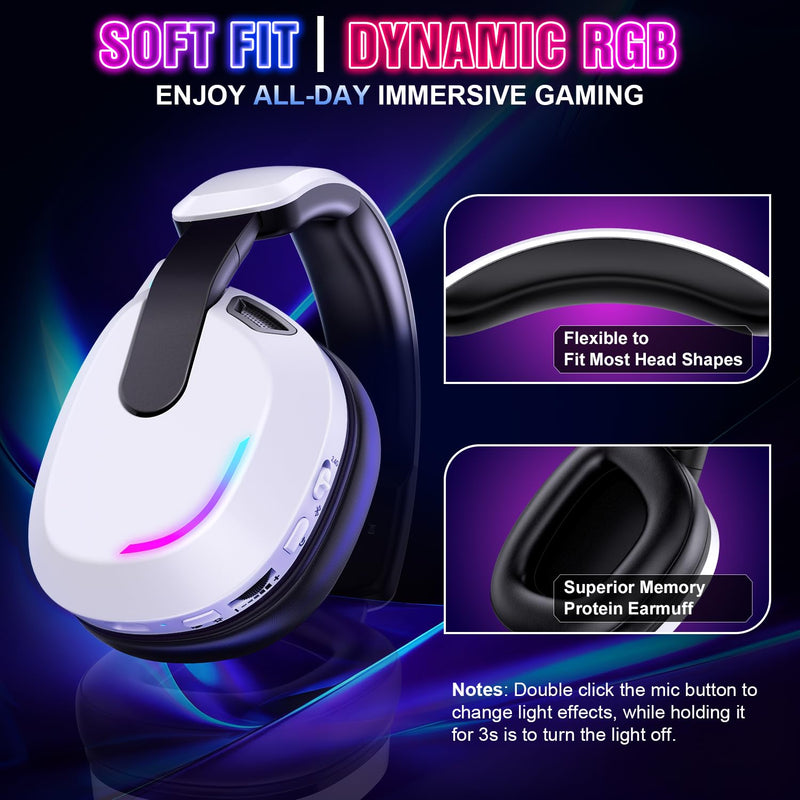 BENGOO 60H Wireless Gaming Headset with RGB Lights for PS5 PS4 PC | 7.1 Surround Sound, Noise Cancelling Mic, Bluetooth 5.4, Memory Foam Ear Cushions, Compatible with Switch Mac White