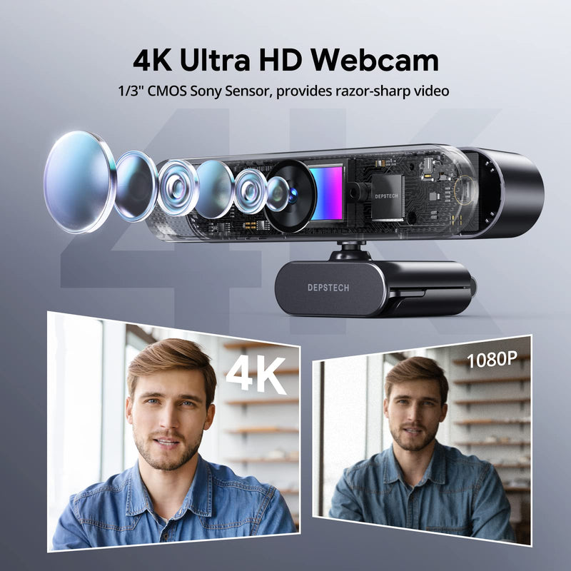 DEPSTECH Webcam 4K, Zoomable Webcam with Microphone and Remote, Equipped with Sony Sensor, 3X Digital Zoom, Noise-Canceling Mics, Auto-Focus Computer Camera for PC/Mac/Laptop/Zoom/Teams/OBS/Google Grey