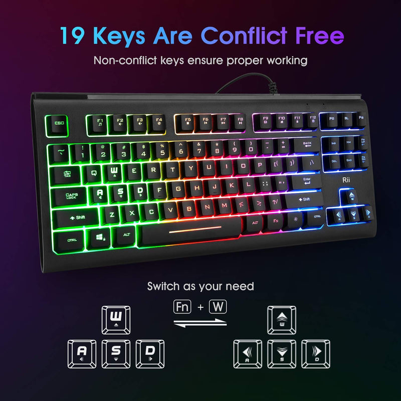 Rii Primer RGB Compact Gaming Office Keyboard RK104,Backlight Keyboard,Small 87 Keys No Number Pad Keyboard for Windows PC Laptop Desktop