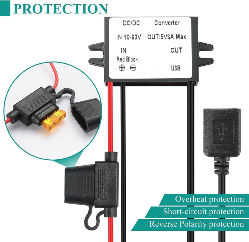 DC DC Buck USB A 10-60V to 5V Voltage Converter with Fuse 5V 3A 15W MAX 12V/24V/36V/48V/60V Power Transformer Waterproof Step Down Module for Automotive, LED Lights, Boat Docks, Instruments USB 10-60V to 5V 3A 15W