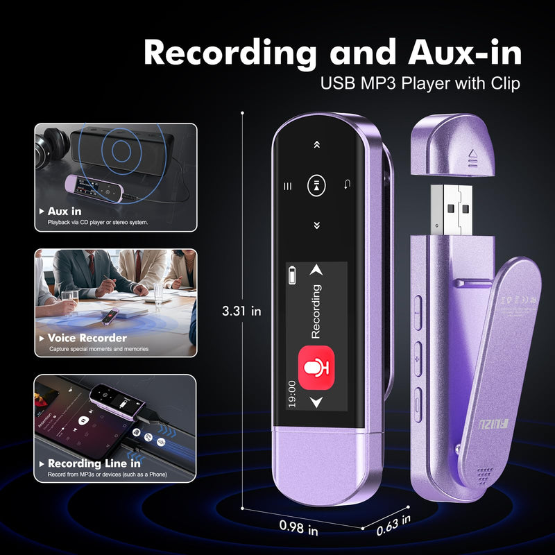 [AUSTRALIA] - RUIZU 64GB USB MP3 Player with Bluetooth 5.3, Clip Jam Portable Music Player for Sports Running, USB MP3 Player Stick with FM Radio, Voice Recorder, Digital Audio Shuffle Repeat, Phone File Transfer Purple 