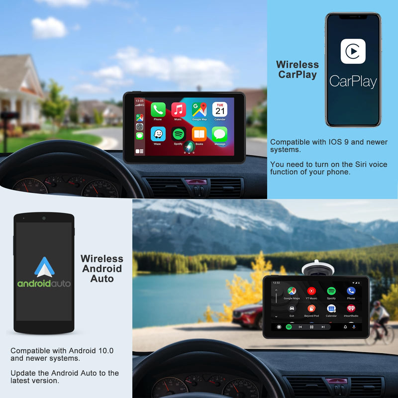 Wireless CarPlay Screen Android Auto for Car, 7" Car Stereo Touch Screen Naivgation Portable CarPlay Bluetooth Mirror Link, Siri, AirPlay, AUX, Voice Assistant for All Vehicles 7 Inch