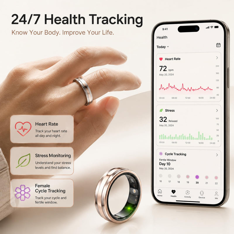 Yihou Smart Ring for Men Women, Health & Fitness Tracker, Ultra-Thin 6.3mm | Sleep insights, heart rate monitoring, gesture control, ceramic-metal body, waterproof design, activity tracking Silver #7(2.17 inch)