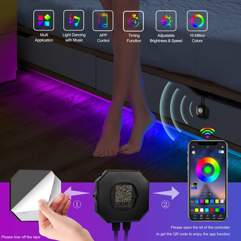 Under Bed Lights 2 Set*9.84ft Motion Activated RGB LED Strip Light, App Control/Variety Color/Dimmable/Dynamic Music Sync/5V USB, Motion Sensor LED Strip Light for Bed Cabinet Staircase Bedroom 2 Sets