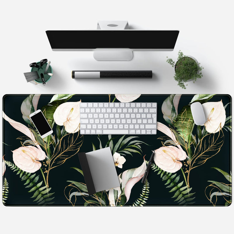 Desk Mat Black and Gold White Rose Flowers Decor Large Keyboard Mouse Pad for Laptop Pc Setup Desk Cover Protector Desk DéCor for Office Home Work Gaming 31.5" X 15.7" Stitched Edge Non-Slip Design A Blue black